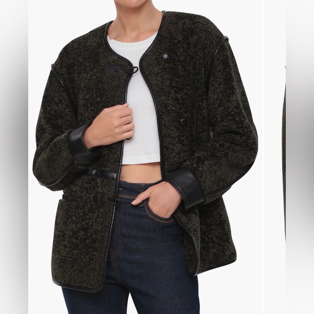 Avec Les Filles Black Green Textured Faux Trim Leather Jacket Coat